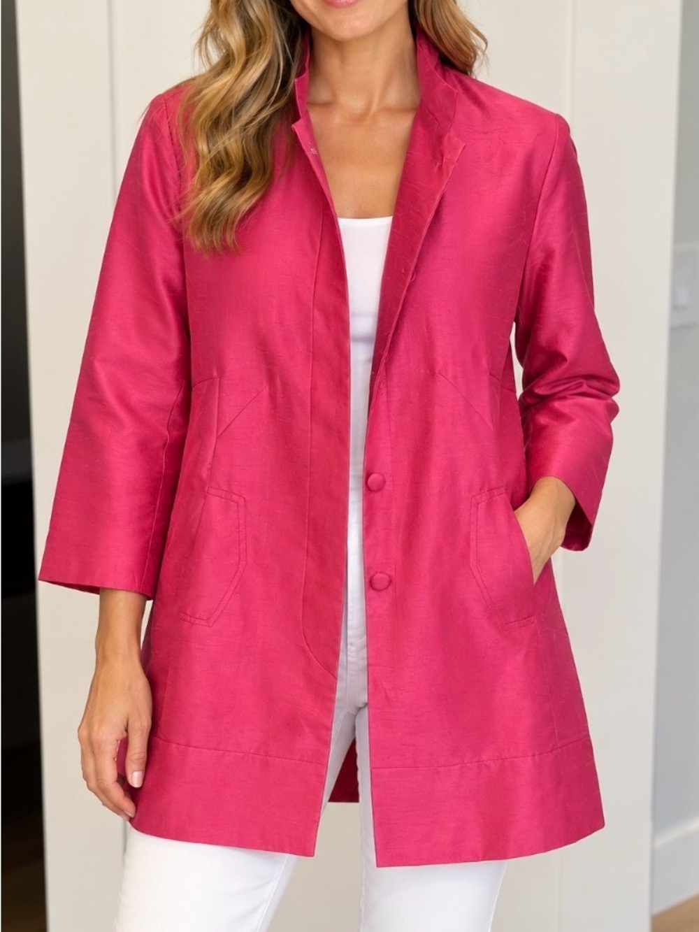Silky Bright Pink Three-Quarter Sleeve Blazer